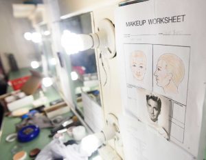 makeup chart hanging on wall in dressing room